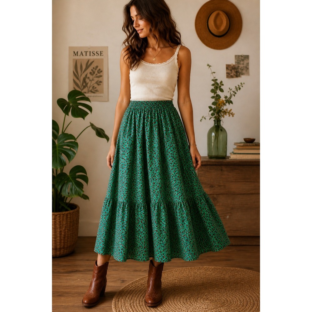 Handmade Vintage‎ Green Holly Heart Print Tiered Broomstick Maxi Skirt Small